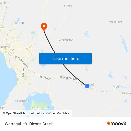 Warragul to Dixons Creek map