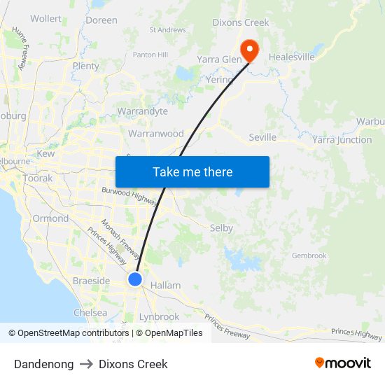 Dandenong to Dixons Creek map