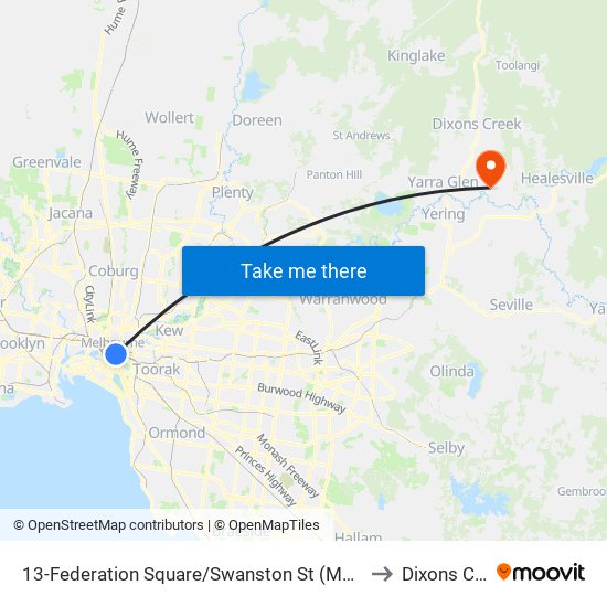 13-Federation Square/Swanston St (Melbourne City) to Dixons Creek map