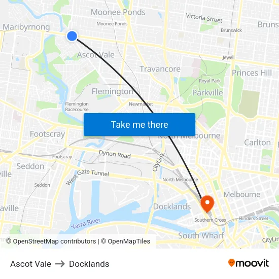 Ascot Vale to Docklands map