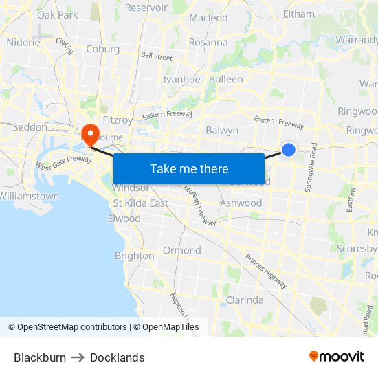 Blackburn to Docklands map