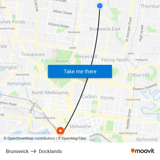 Brunswick to Docklands map