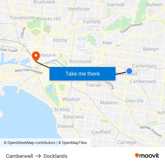 Camberwell to Docklands map