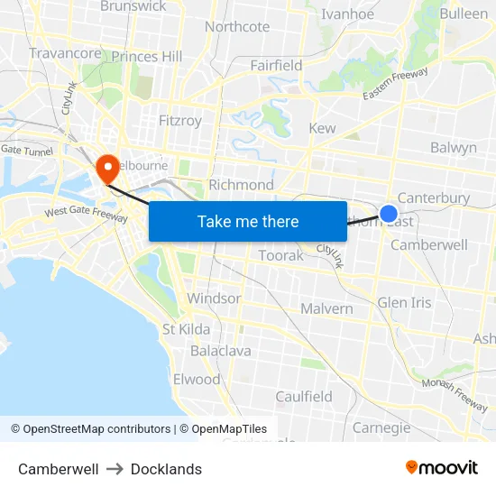Camberwell to Docklands map