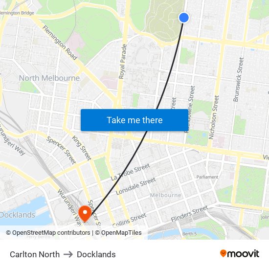 Carlton North to Docklands map
