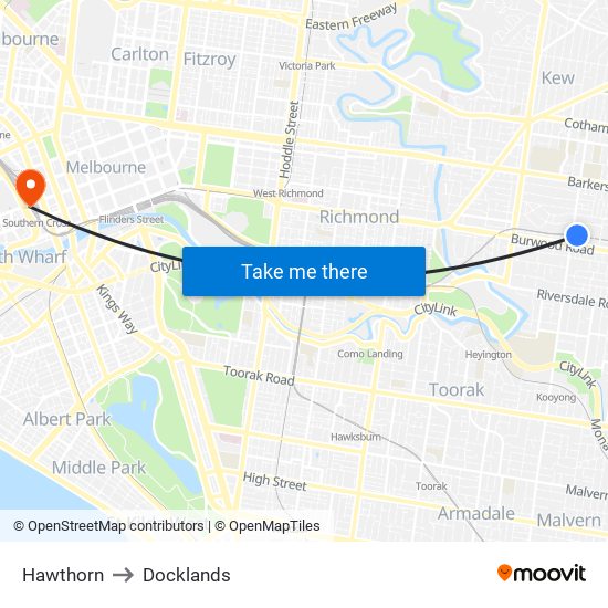 Hawthorn to Docklands map