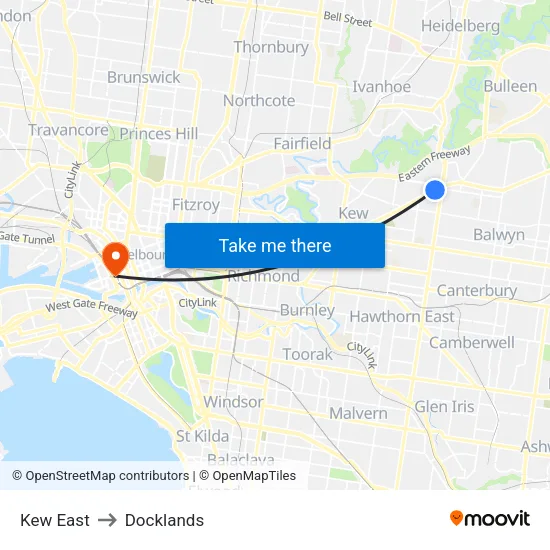 Kew East to Docklands map
