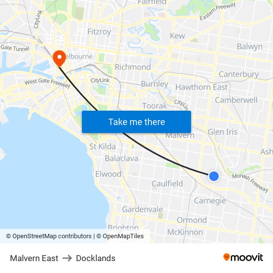 Malvern East to Docklands map