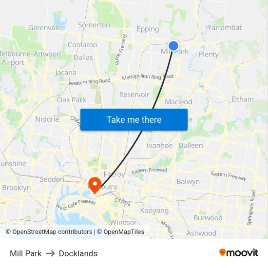Mill Park to Docklands map