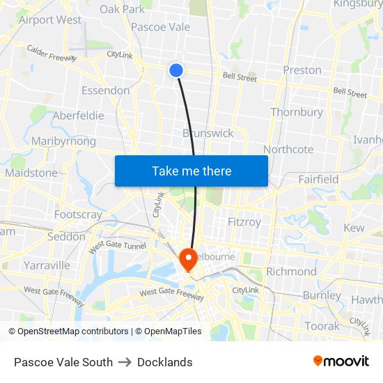 Pascoe Vale South to Docklands map