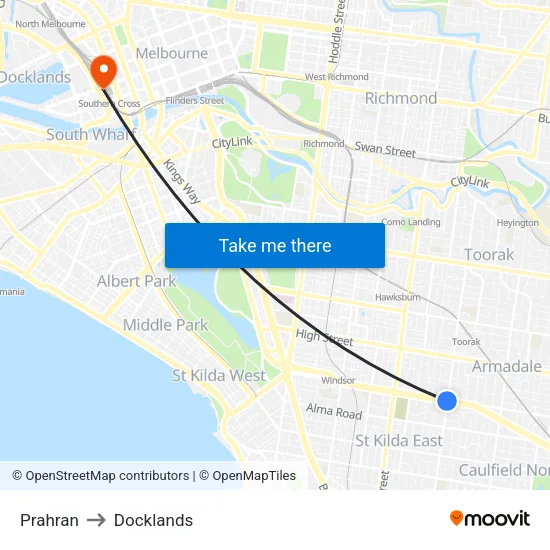 Prahran to Docklands map
