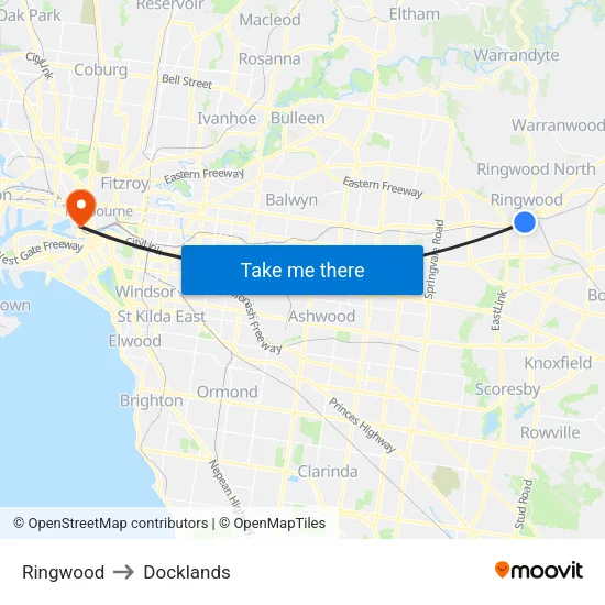 Ringwood to Docklands map