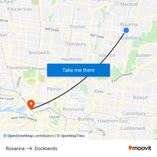 Rosanna to Docklands map
