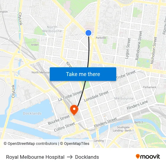 Royal Melbourne Hospital to Docklands map