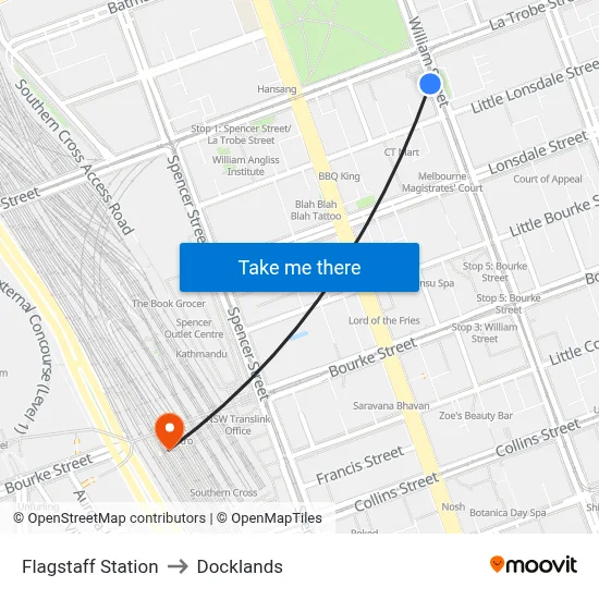 Flagstaff Station to Docklands map