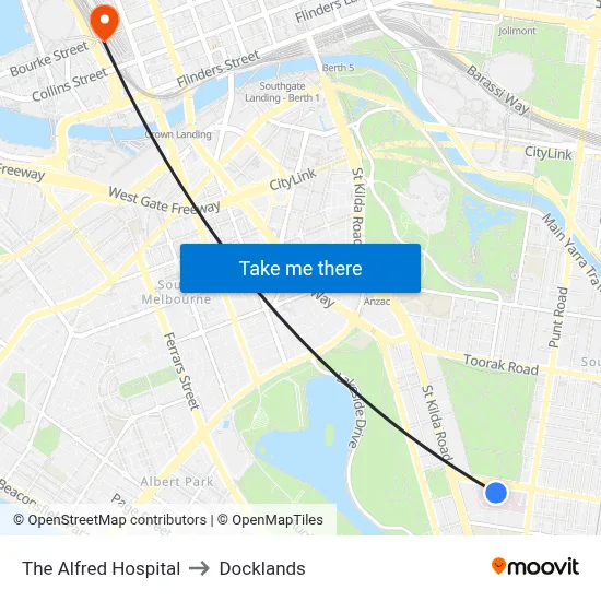 The Alfred Hospital to Docklands map