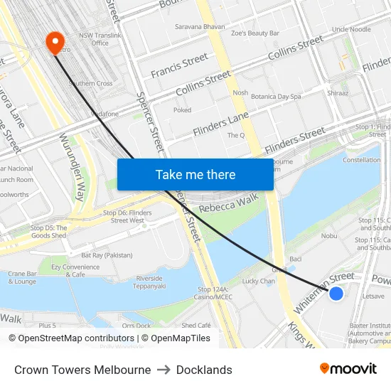 Crown Towers Melbourne to Docklands map