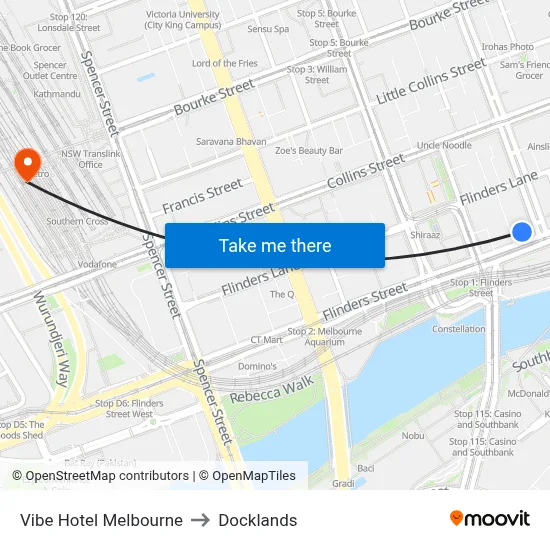 Vibe Hotel Melbourne to Docklands map