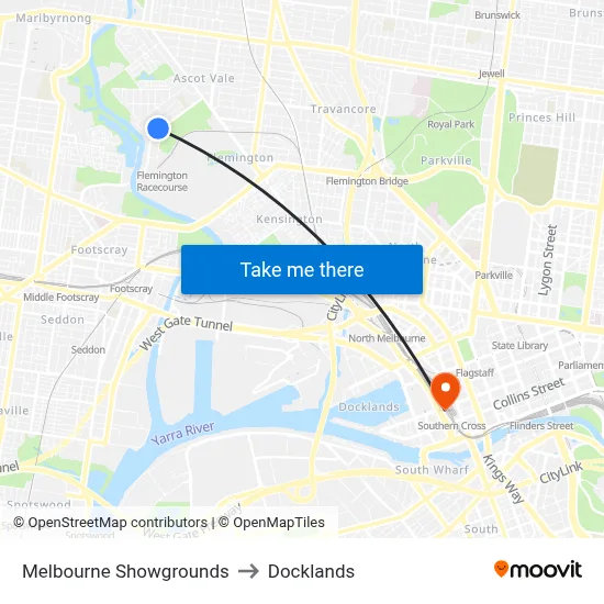 Melbourne Showgrounds to Docklands map