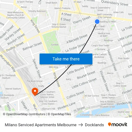Milano Serviced Apartments Melbourne to Docklands map