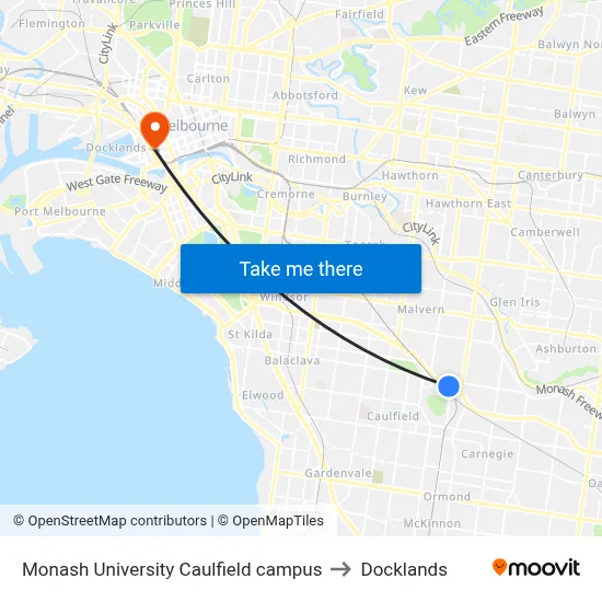 Monash University Caulfield campus to Docklands map