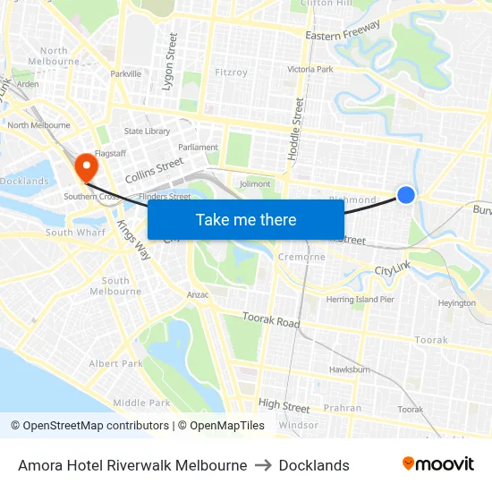Amora Hotel Riverwalk Melbourne to Docklands map