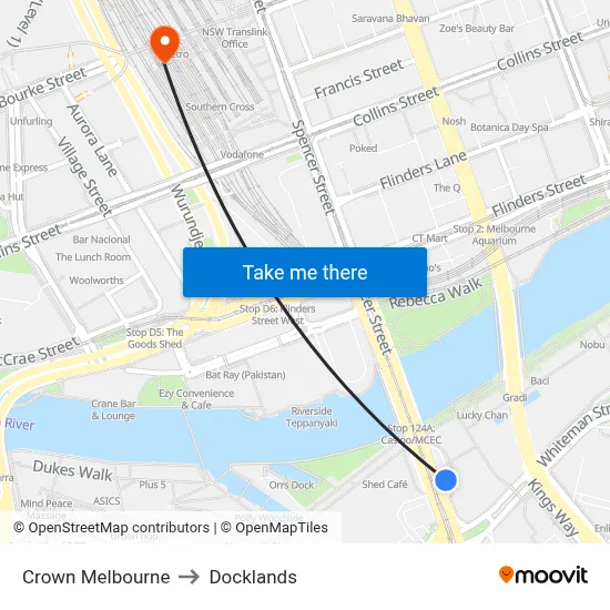 Crown Melbourne to Docklands map