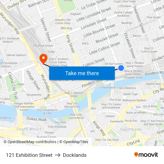 121 Exhibition Street to Docklands map