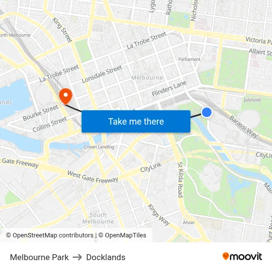 Melbourne Park to Docklands map