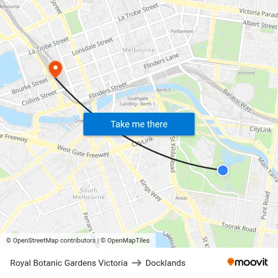 Royal Botanic Gardens Victoria to Docklands map