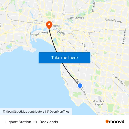 Highett Station to Docklands map