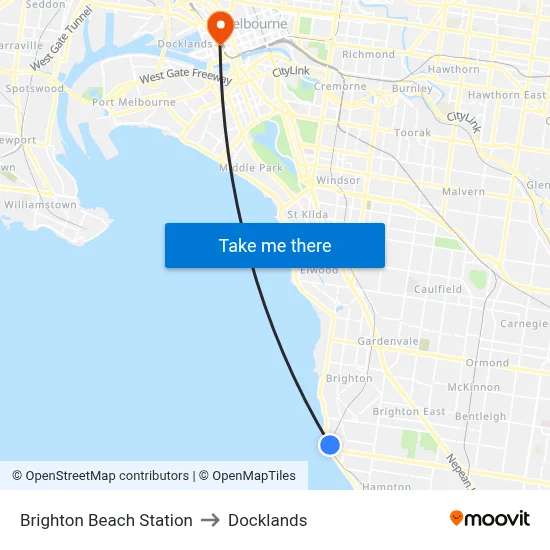 Brighton Beach Station to Docklands map
