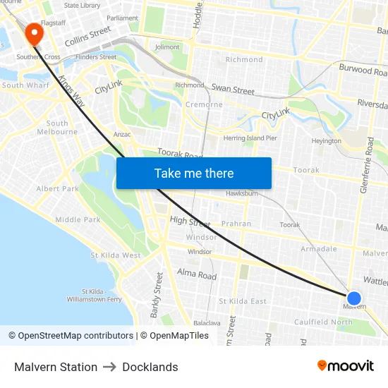 Malvern Station to Docklands map