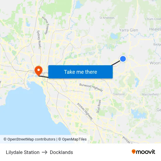 Lilydale Station to Docklands map