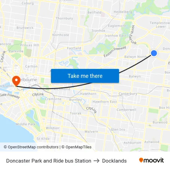 Doncaster Park and Ride bus Station to Docklands map