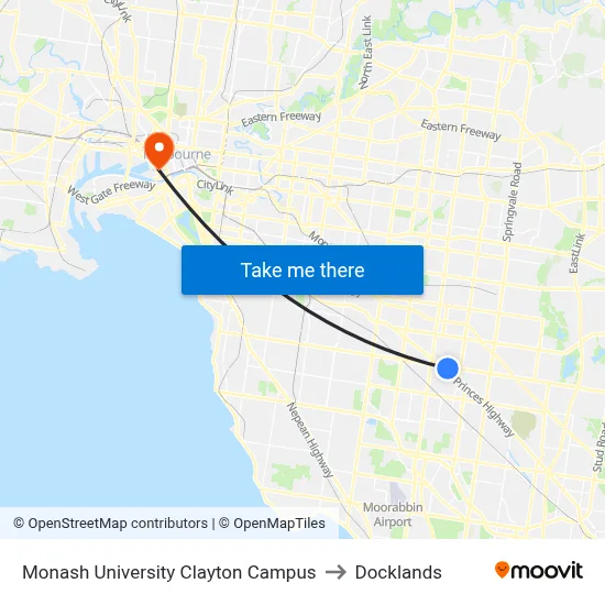 Monash University Clayton Campus to Docklands map