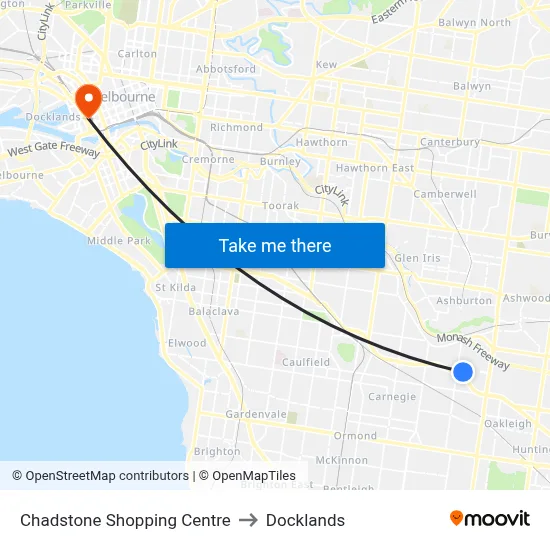 Chadstone Shopping Centre to Docklands map
