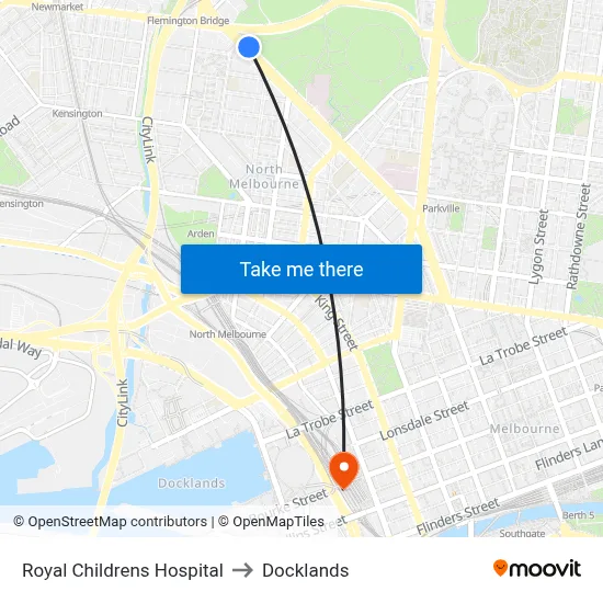 Royal Childrens Hospital to Docklands map