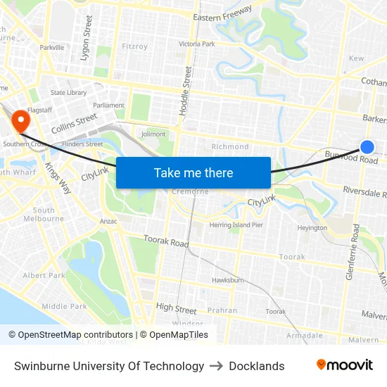 Swinburne University Of Technology to Docklands map