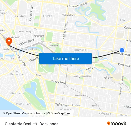 Glenferrie Oval to Docklands map