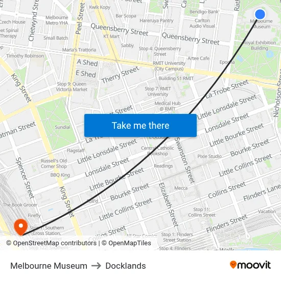 Melbourne Museum to Docklands map