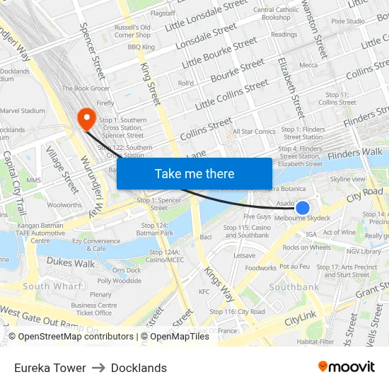 Eureka Tower to Docklands map