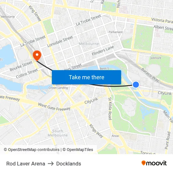 Rod Laver Arena to Docklands map
