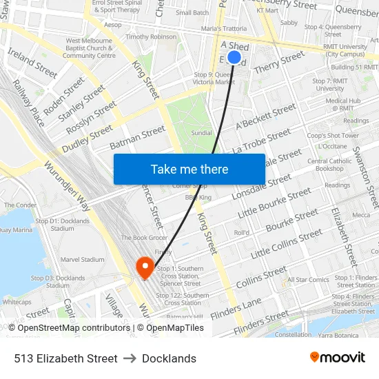 513 Elizabeth Street to Docklands map