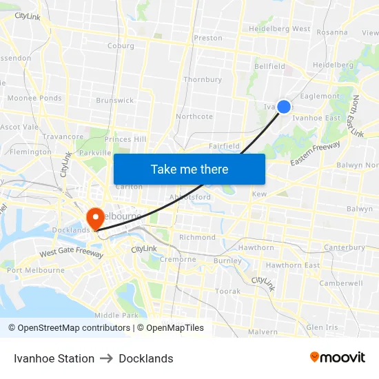 Ivanhoe Station to Docklands map