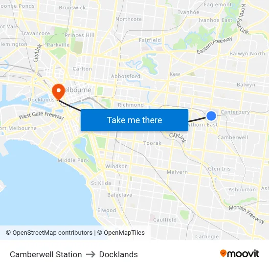 Camberwell Station to Docklands map