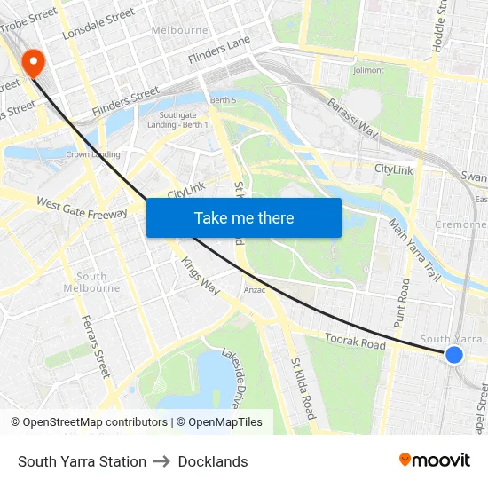 South Yarra Station to Docklands map