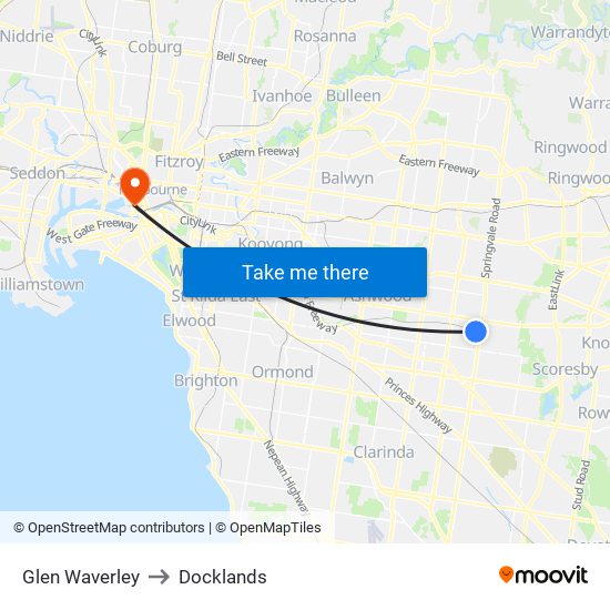 Glen Waverley to Docklands map