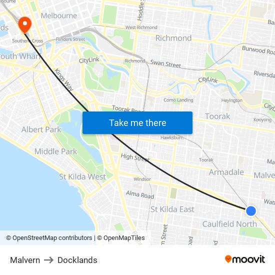 Malvern to Docklands map