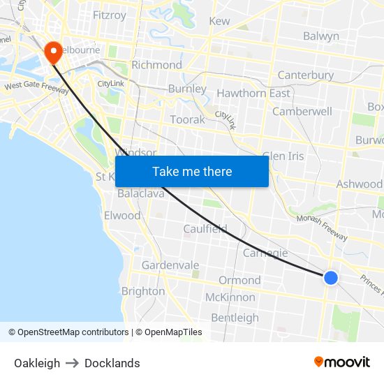Oakleigh to Docklands map